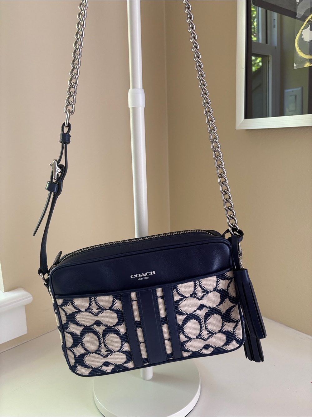 Coach Navy and Cream Signature Woven Crossbody with Tassel
